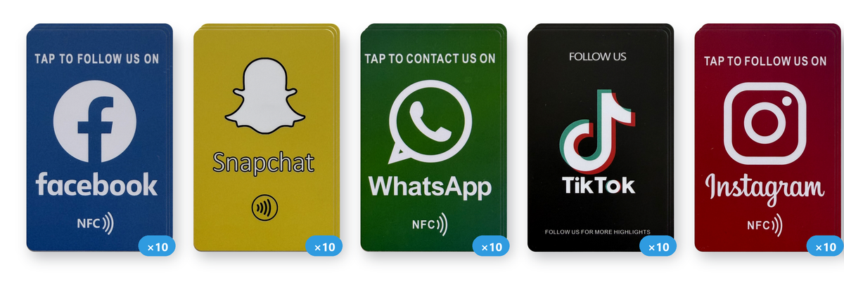 Social media NFC card bundle, 10 of each design, 50 cards total