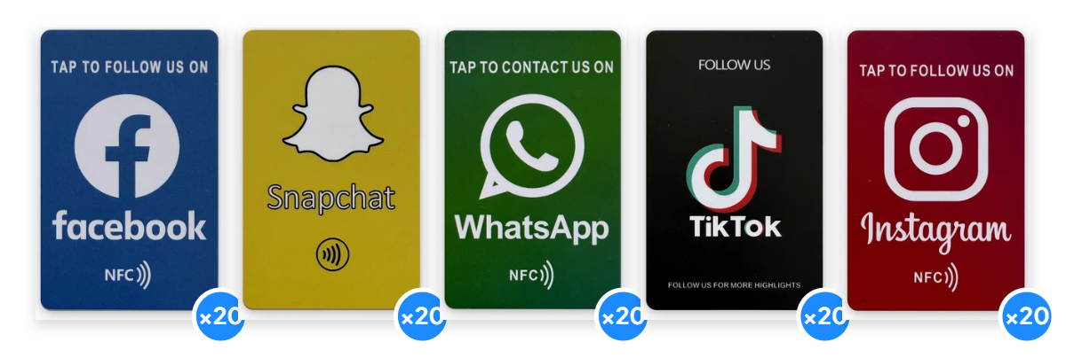 Social media NFC card bundle, 20 of each design, 100 cards total