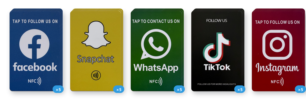 Social media NFC card bundle, 5 of each design, 25 cards total